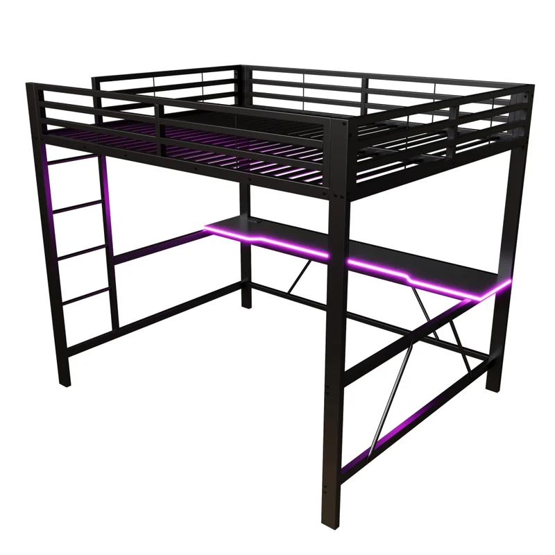 Letto a soppalco 160x200 con scrivania; LED e USB; struttura in metallo nero