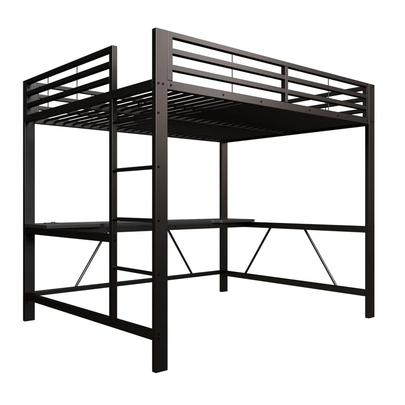 Letto a soppalco 160x200 con scrivania; LED e USB; struttura in metallo nero