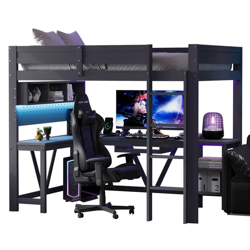 Letto a soppalco gaming 90x200 cm con scrivania integrata; LED; scaffali e prese; legno grigio