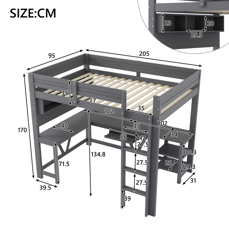Letto a soppalco gaming 90x200 cm con scrivania integrata; LED; scaffali e prese; legno grigio