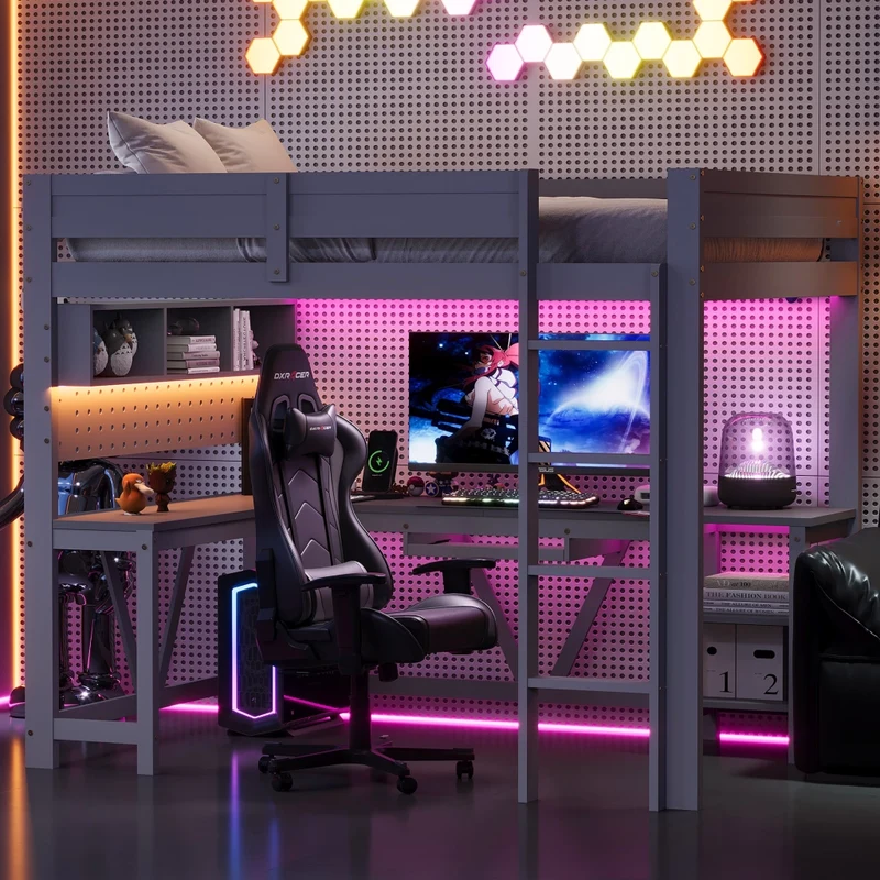 Letto a soppalco gaming 90x200 cm con scrivania integrata; LED; scaffali e prese; legno grigio