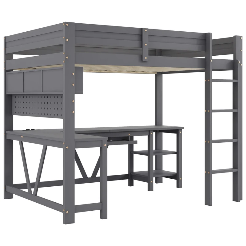 Letto a soppalco gaming 90x200 cm con scrivania integrata; LED; scaffali e prese; legno grigio