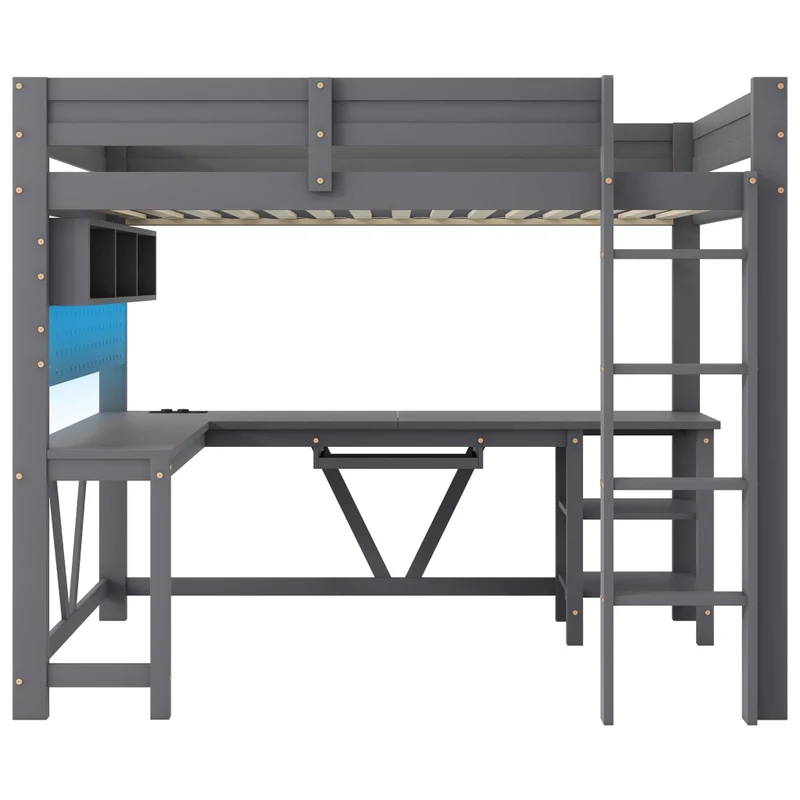 Letto a soppalco gaming 90x200 cm con scrivania integrata; LED; scaffali e prese; legno grigio