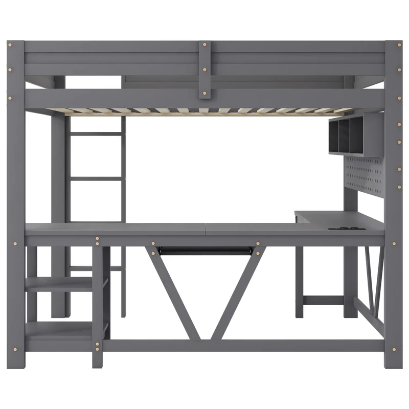 Letto a soppalco gaming 90x200 cm con scrivania integrata; LED; scaffali e prese; legno grigio