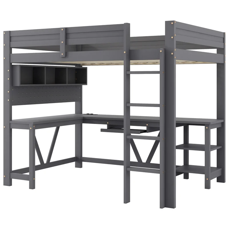 Letto a soppalco gaming 90x200 cm con scrivania integrata; LED; scaffali e prese; legno grigio