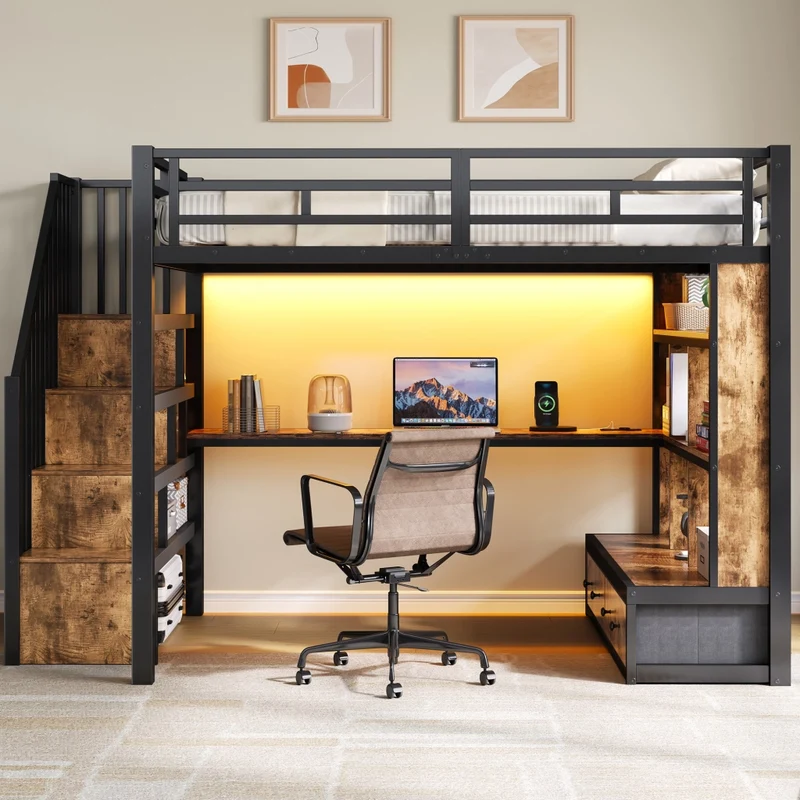 Letto a soppalco 140x200 con scrivania; scaffali e due cassetti; nero in metallo e MDF