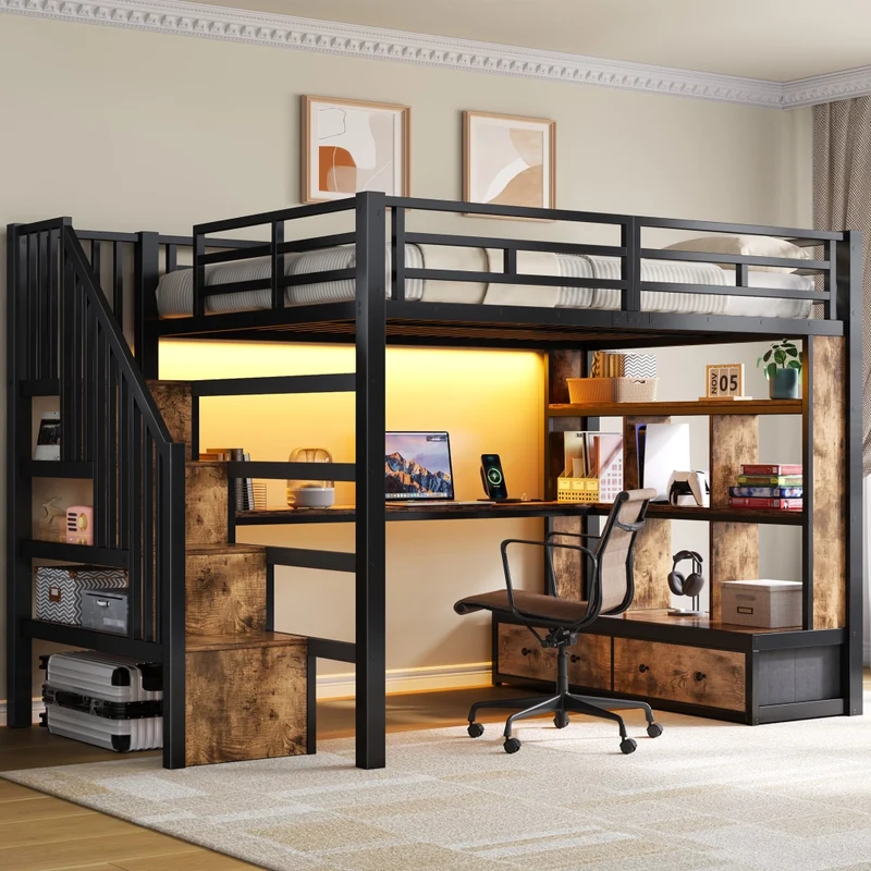 Letto a soppalco 140x200 con scrivania; scaffali e due cassetti; nero in metallo e MDF