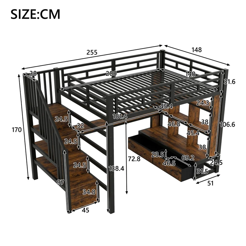 Letto a soppalco 140x200 con scrivania; scaffali e due cassetti; nero in metallo e MDF