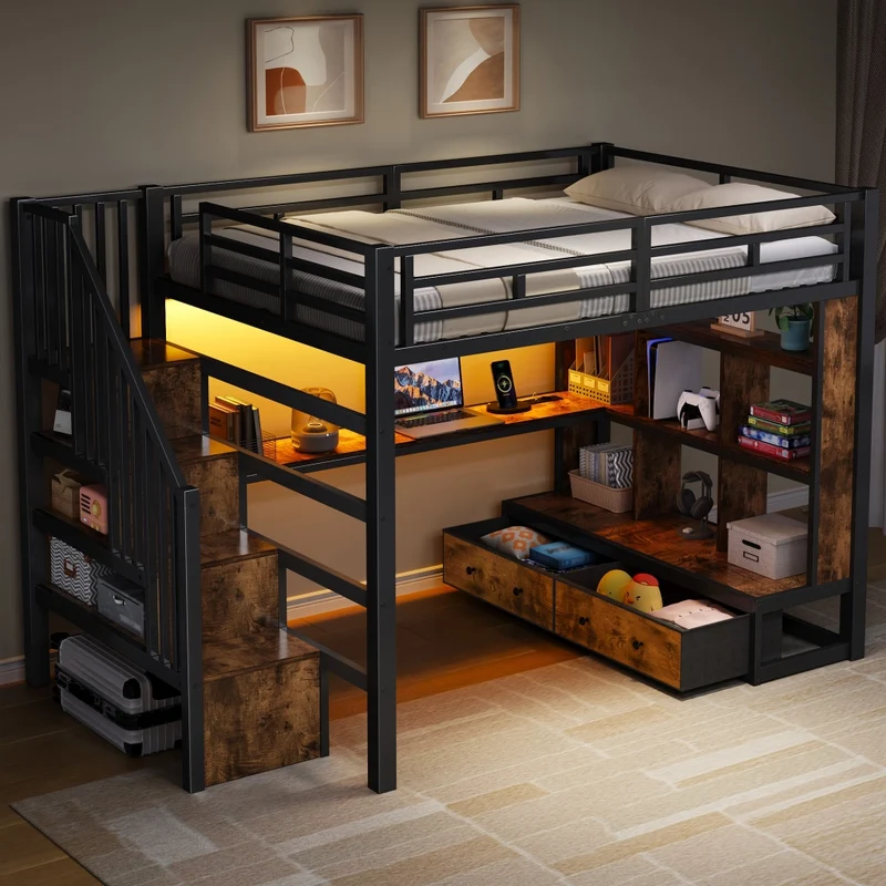 Letto a soppalco 140x200 con scrivania; scaffali e due cassetti; nero in metallo e MDF