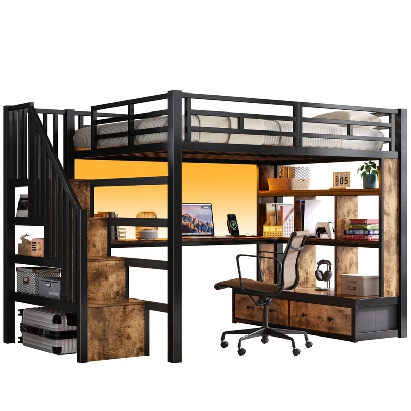 Letto a soppalco 140x200 con scrivania; scaffali e due cassetti; nero in metallo e MDF