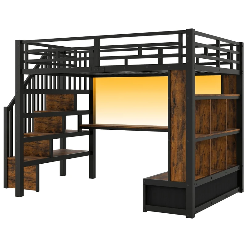 Letto a soppalco 140x200 con scrivania; scaffali e due cassetti; nero in metallo e MDF