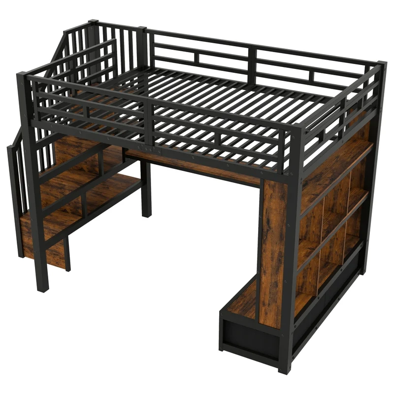 Letto a soppalco 140x200 con scrivania; scaffali e due cassetti; nero in metallo e MDF