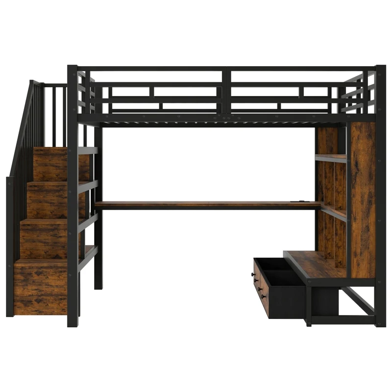 Letto a soppalco 140x200 con scrivania; scaffali e due cassetti; nero in metallo e MDF