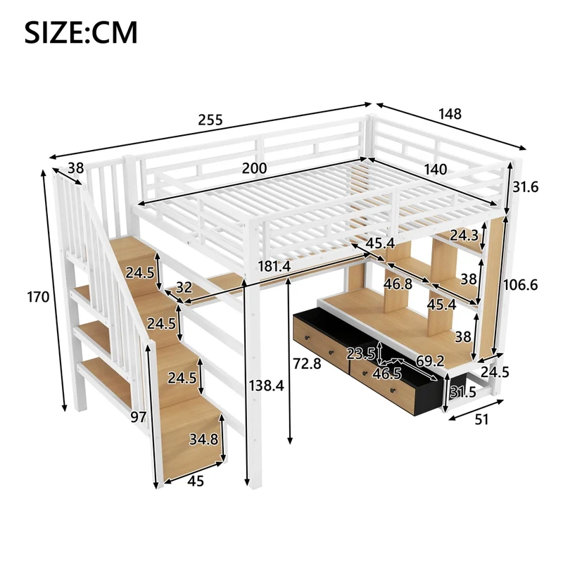 Letto a soppalco 140x200 con scrivania e scaffali; struttura in metallo e MDF bianco
