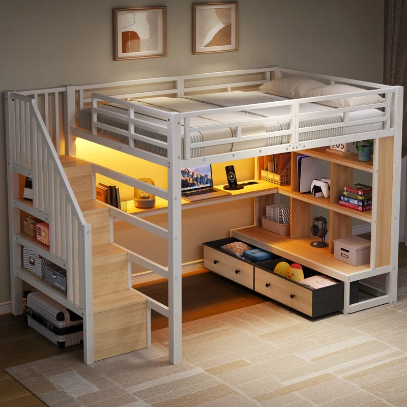 Letto a soppalco 140x200 con scrivania e scaffali; struttura in metallo e MDF bianco