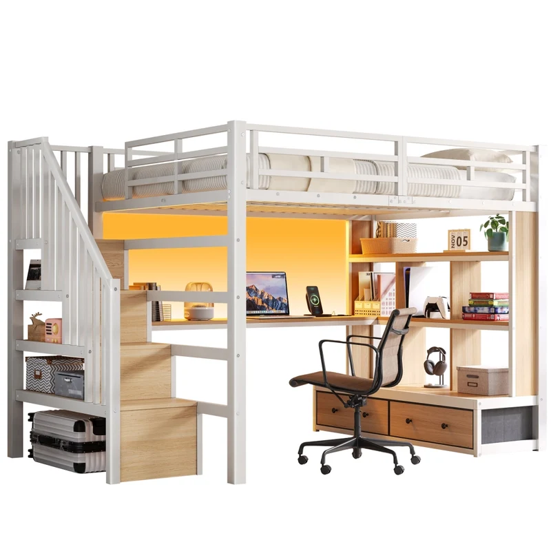 Letto a soppalco 140x200 con scrivania e scaffali; struttura in metallo e MDF bianco