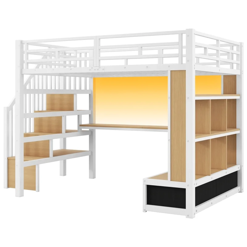 Letto a soppalco 140x200 con scrivania e scaffali; struttura in metallo e MDF bianco