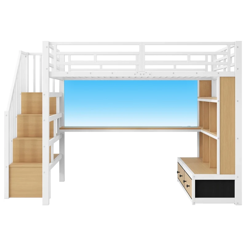 Letto a soppalco 140x200 con scrivania e scaffali; struttura in metallo e MDF bianco