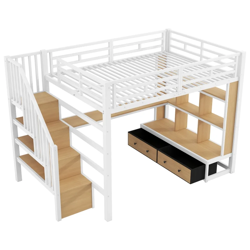 Letto a soppalco 140x200 con scrivania e scaffali; struttura in metallo e MDF bianco
