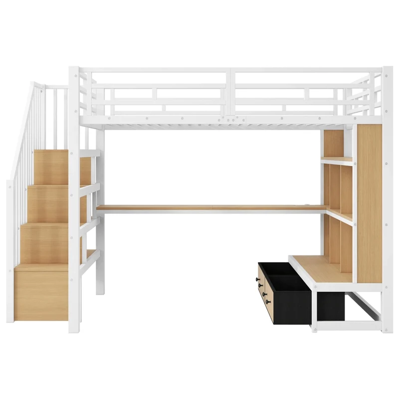 Letto a soppalco 140x200 con scrivania e scaffali; struttura in metallo e MDF bianco