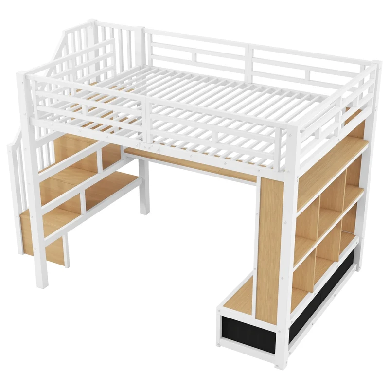 Letto a soppalco 140x200 con scrivania e scaffali; struttura in metallo e MDF bianco