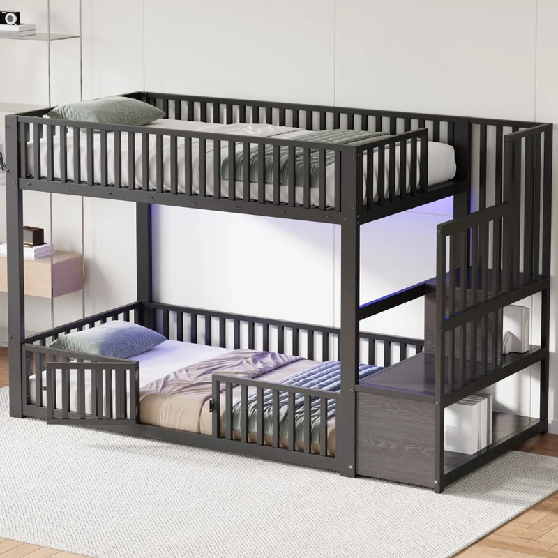 Letto a castello 90x200 nero con scala contenitore; LED e sponde di sicurezza