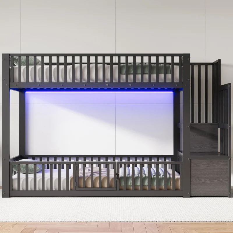 Letto a castello 90x200 nero con scala contenitore; LED e sponde di sicurezza