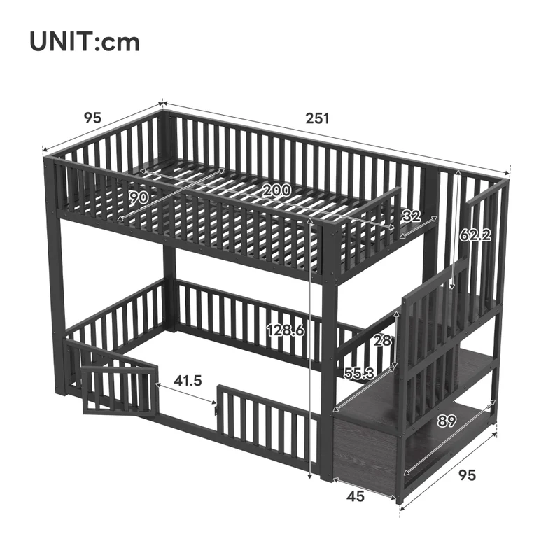 Letto a castello 90x200 nero con scala contenitore; LED e sponde di sicurezza