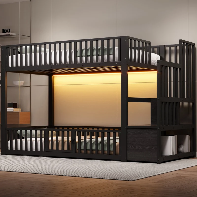 Letto a castello 90x200 nero con scala contenitore; LED e sponde di sicurezza