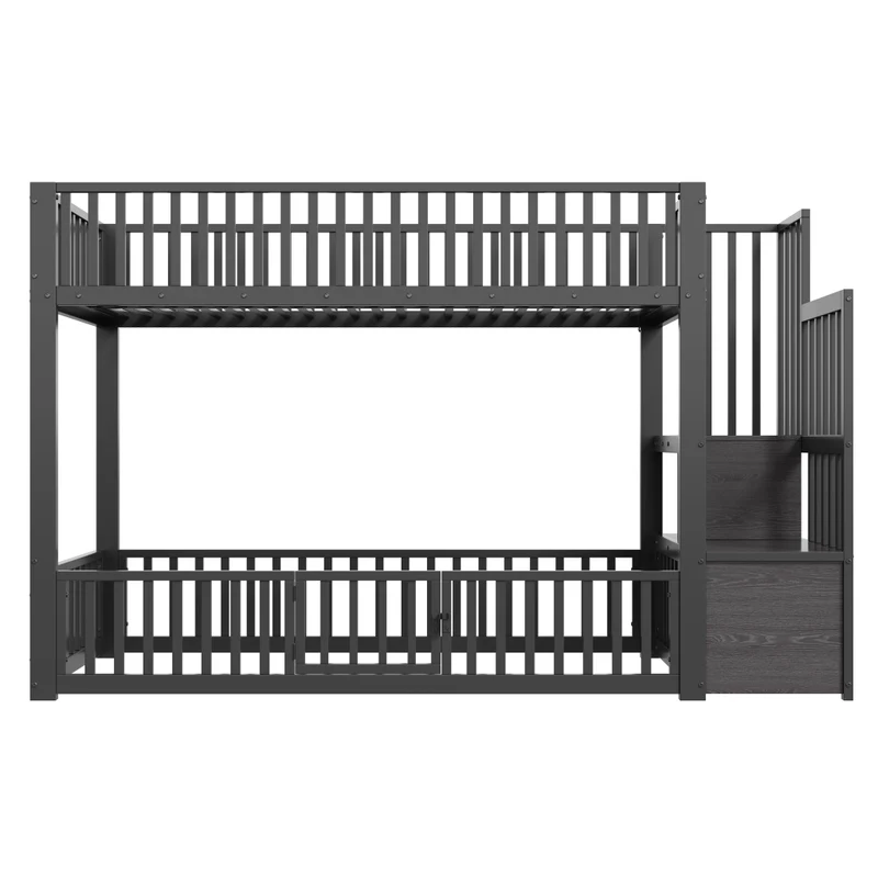 Letto a castello 90x200 nero con scala contenitore; LED e sponde di sicurezza
