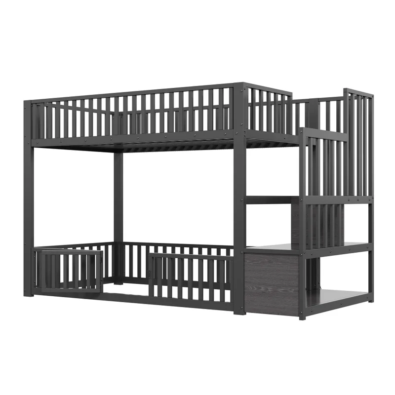 Letto a castello 90x200 nero con scala contenitore; LED e sponde di sicurezza