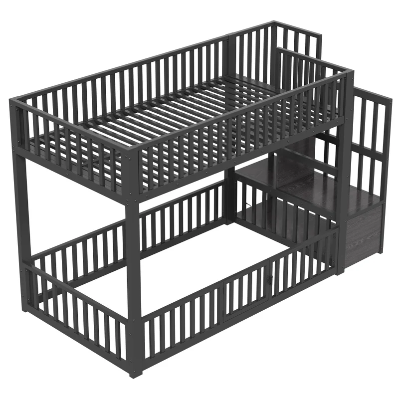 Letto a castello 90x200 nero con scala contenitore; LED e sponde di sicurezza
