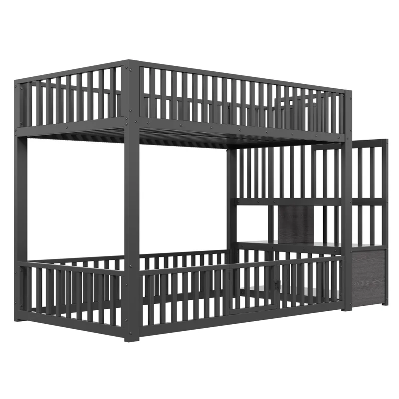 Letto a castello 90x200 nero con scala contenitore; LED e sponde di sicurezza