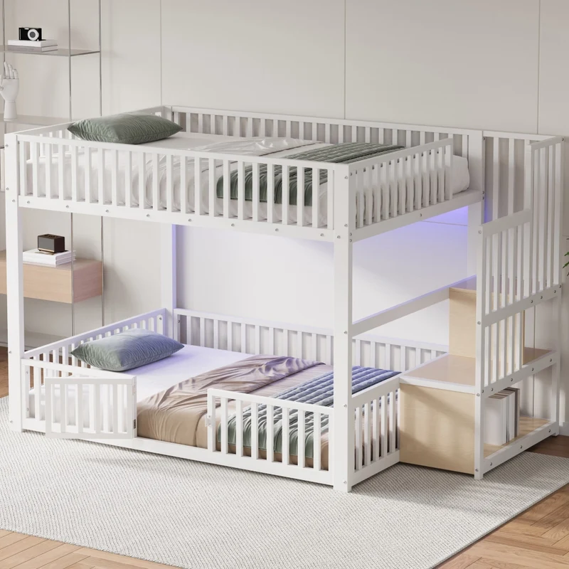 Letto a castello 140x200 cm bianco con scala contenitore e illuminazione LED