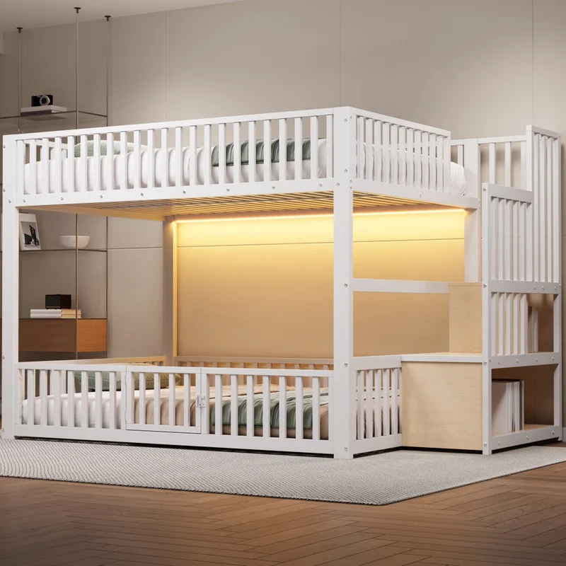 Letto a castello 140x200 cm bianco con scala contenitore e illuminazione LED