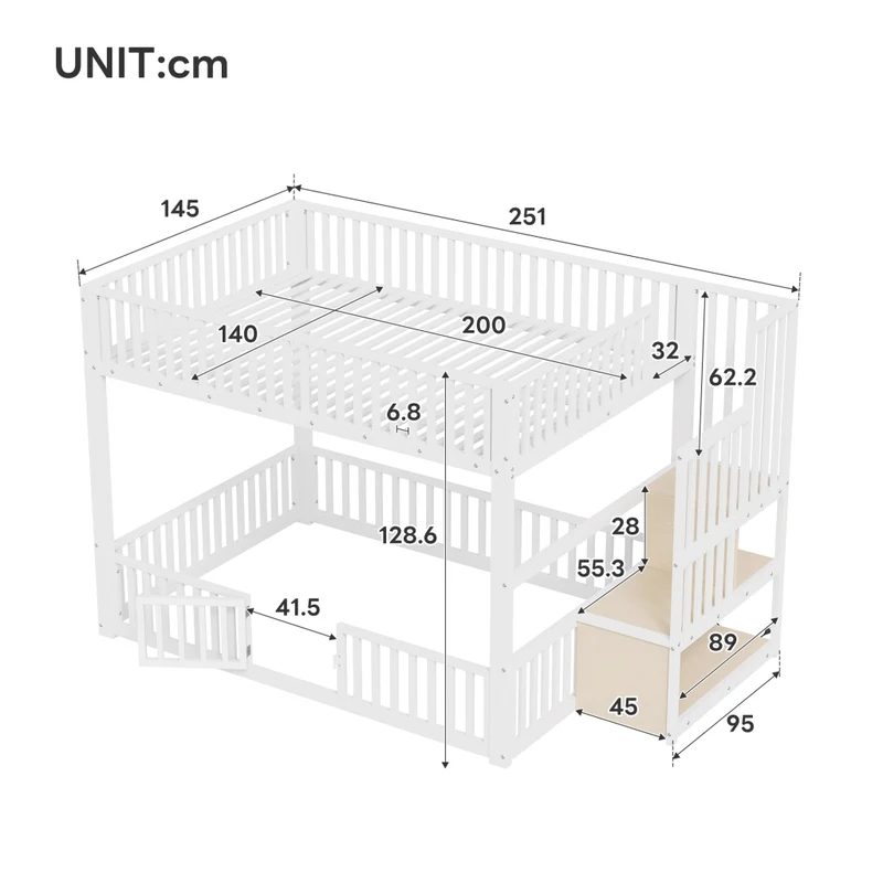 Letto a castello 140x200 cm bianco con scala contenitore e illuminazione LED