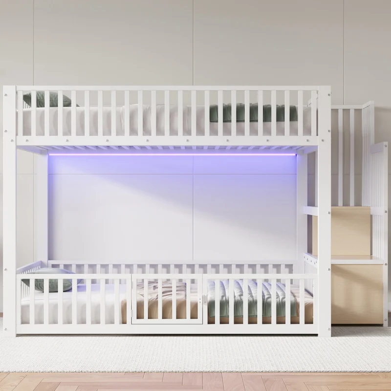 Letto a castello 140x200 cm bianco con scala contenitore e illuminazione LED