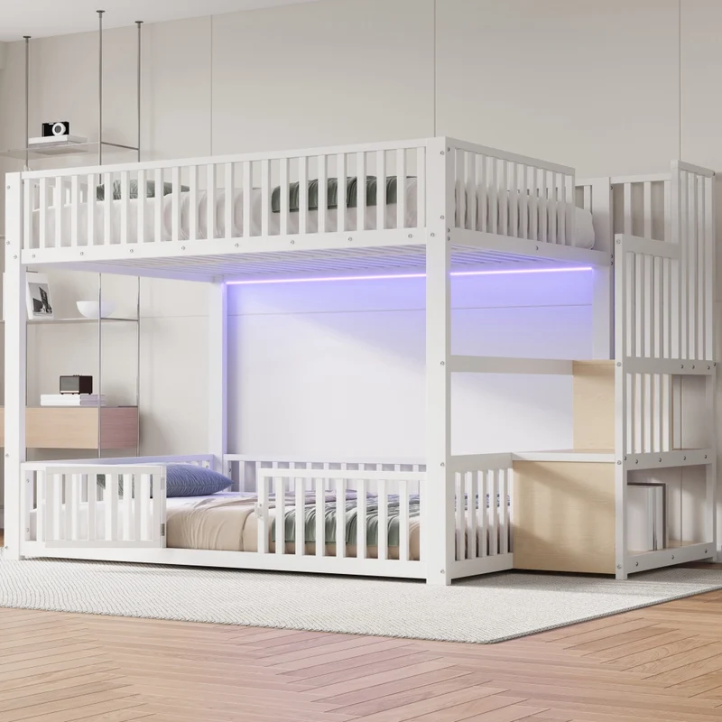 Letto a castello 140x200 cm bianco con scala contenitore e illuminazione LED