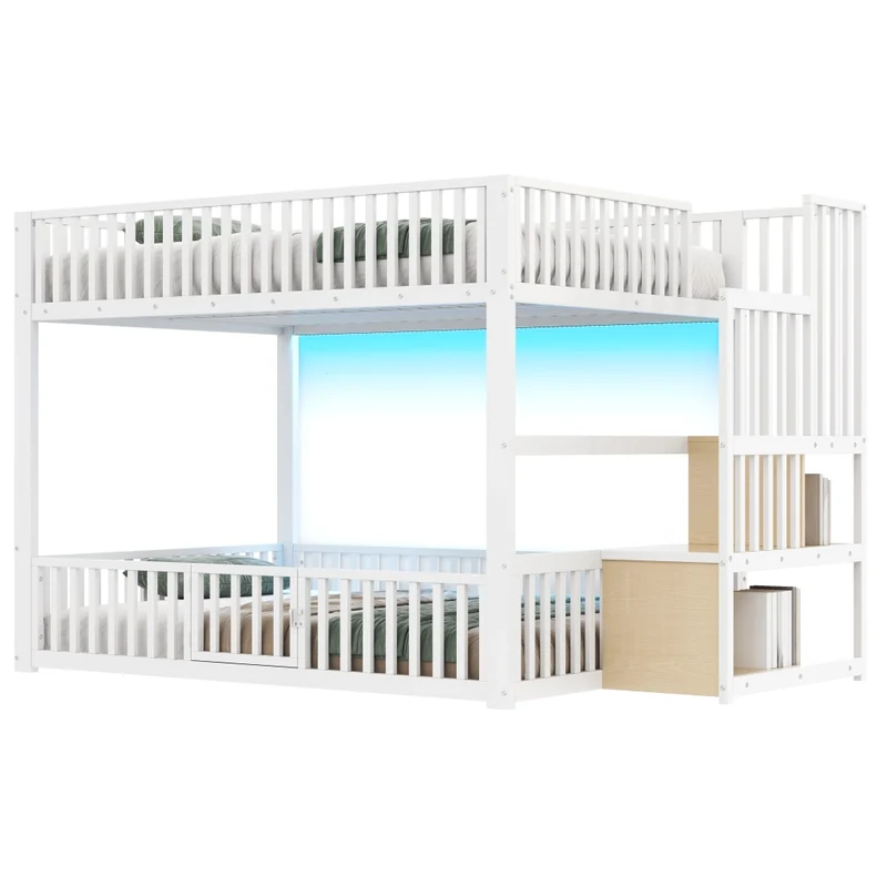 Letto a castello 140x200 cm bianco con scala contenitore e illuminazione LED