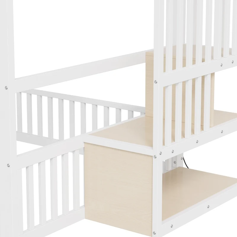 Letto a castello 140x200 cm bianco con scala contenitore e illuminazione LED