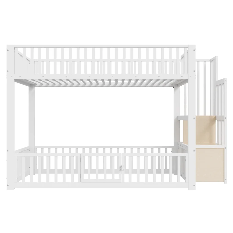 Letto a castello 140x200 cm bianco con scala contenitore e illuminazione LED