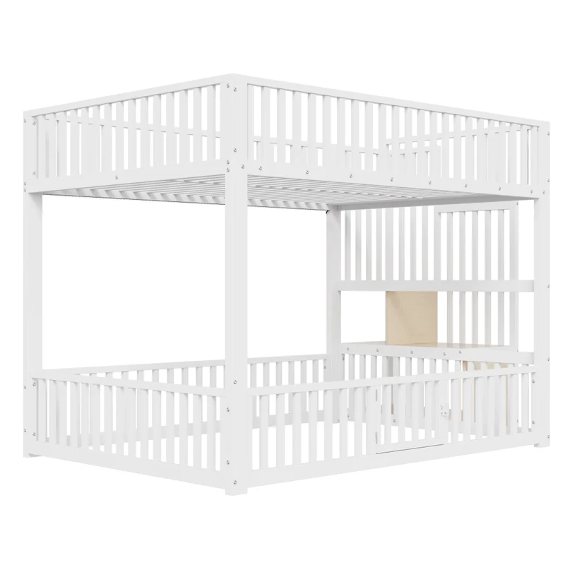 Letto a castello 140x200 cm bianco con scala contenitore e illuminazione LED