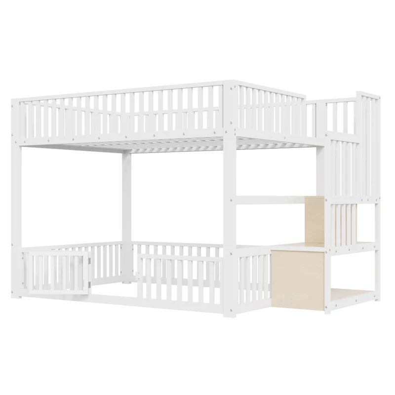 Letto a castello 140x200 cm bianco con scala contenitore e illuminazione LED