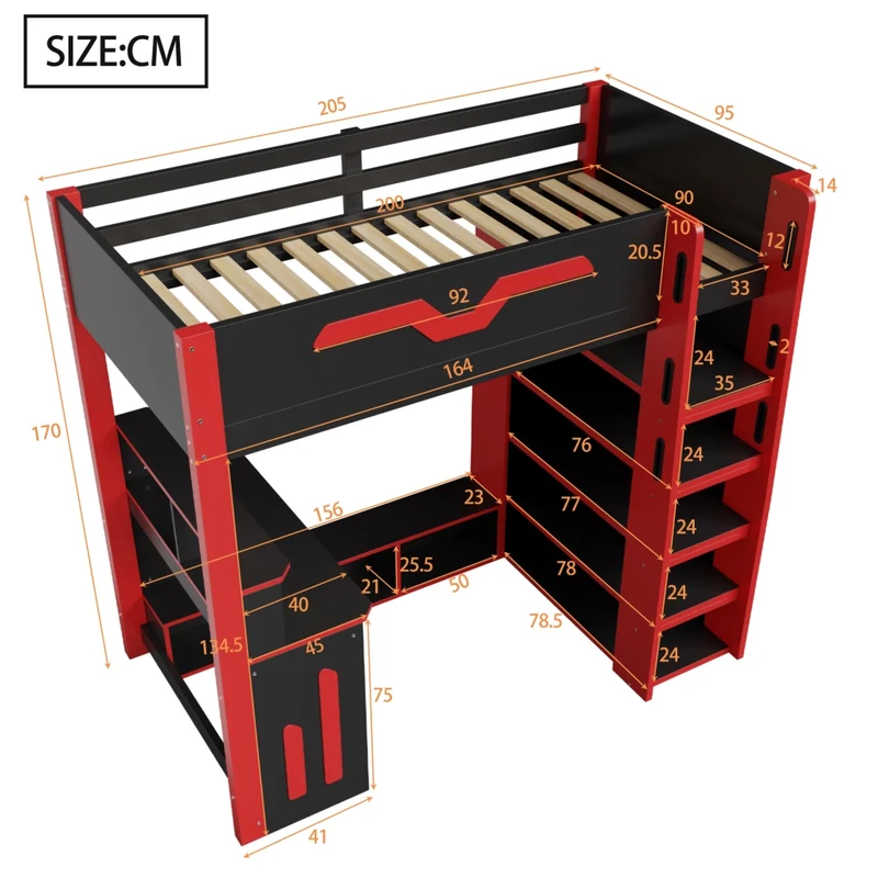 Letto a soppalco 90x200 cm in legno con scrivania; scala contenitore; LED e scaffali; nero e rosso