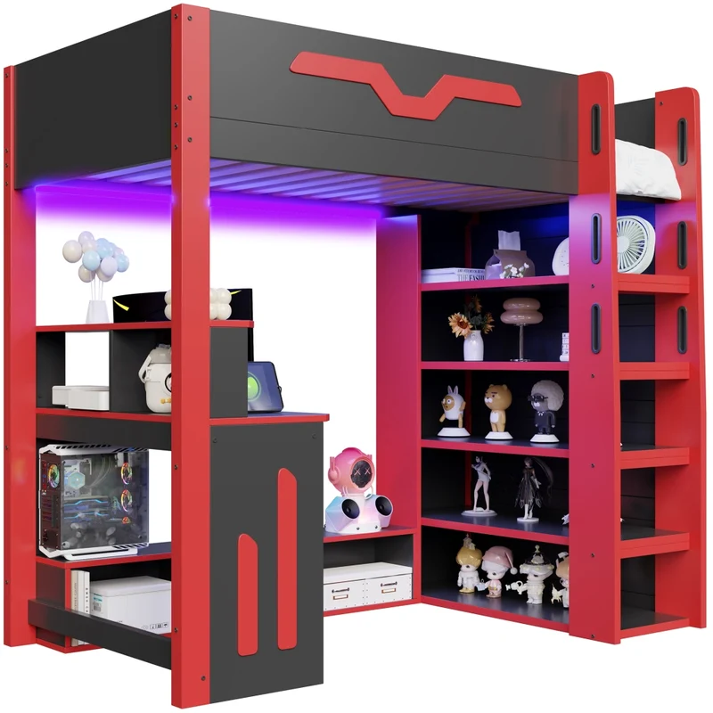Letto a soppalco 90x200 cm in legno con scrivania; scala contenitore; LED e scaffali; nero e rosso