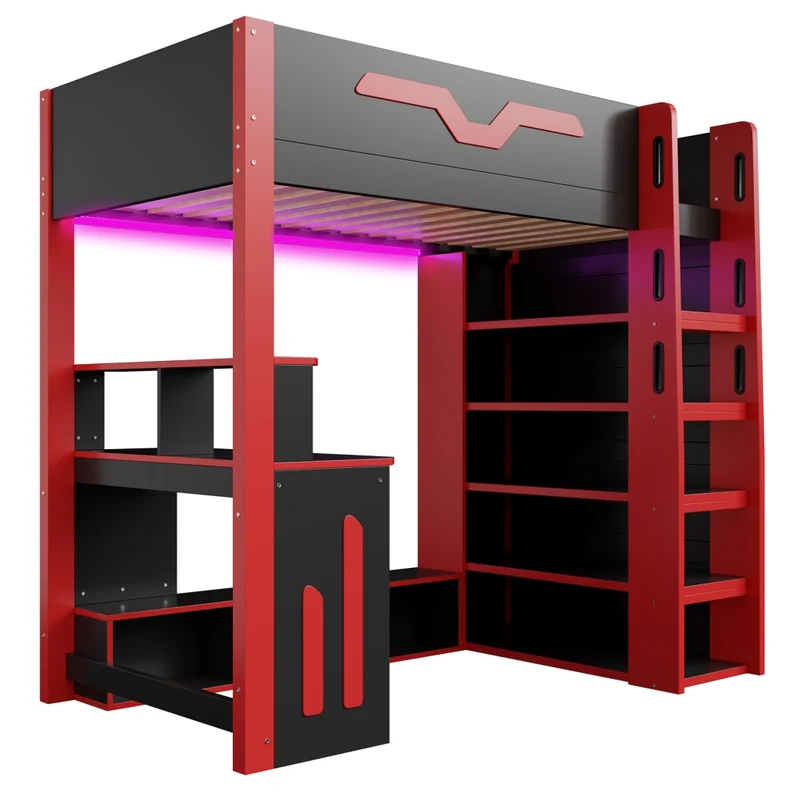 Letto a soppalco 90x200 cm in legno con scrivania; scala contenitore; LED e scaffali; nero e rosso