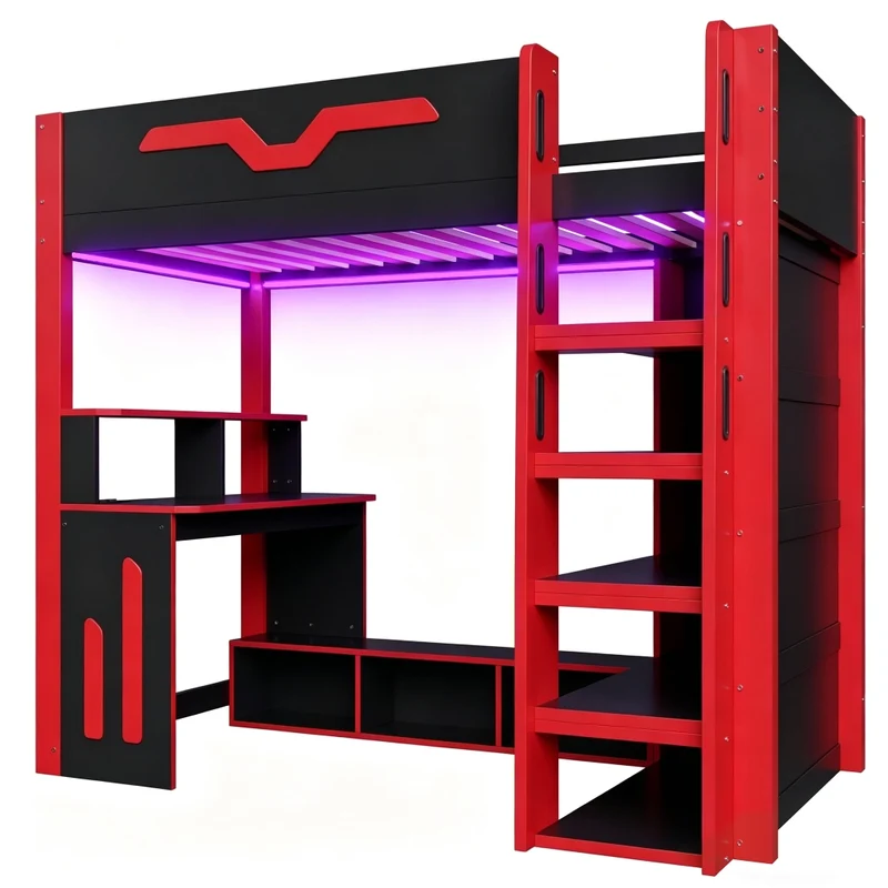 Letto a soppalco 90x200 cm in legno con scrivania; scala contenitore; LED e scaffali; nero e rosso