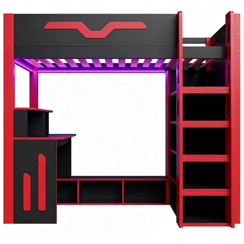 Letto a soppalco 90x200 cm in legno con scrivania; scala contenitore; LED e scaffali; nero e rosso
