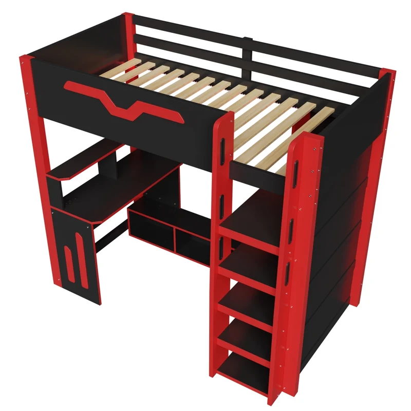Letto a soppalco 90x200 cm in legno con scrivania; scala contenitore; LED e scaffali; nero e rosso