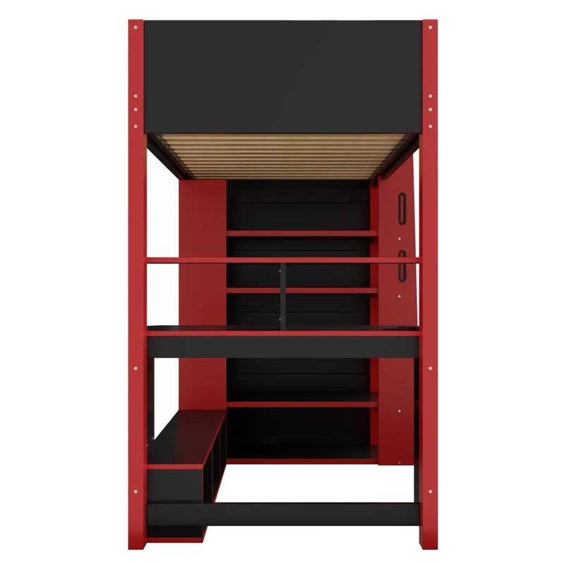 Letto a soppalco 90x200 cm in legno con scrivania; scala contenitore; LED e scaffali; nero e rosso